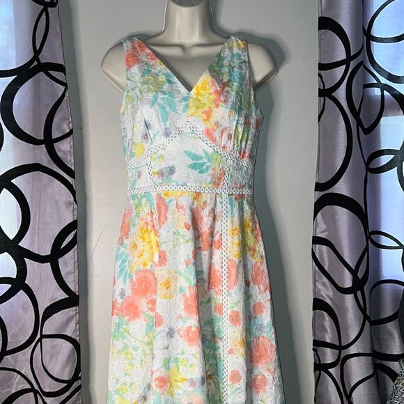 Calvin Klein Colorful Pastel Floral Eyelet Sleeveless Cotton Dress Size 2 - Picture 1 of 11